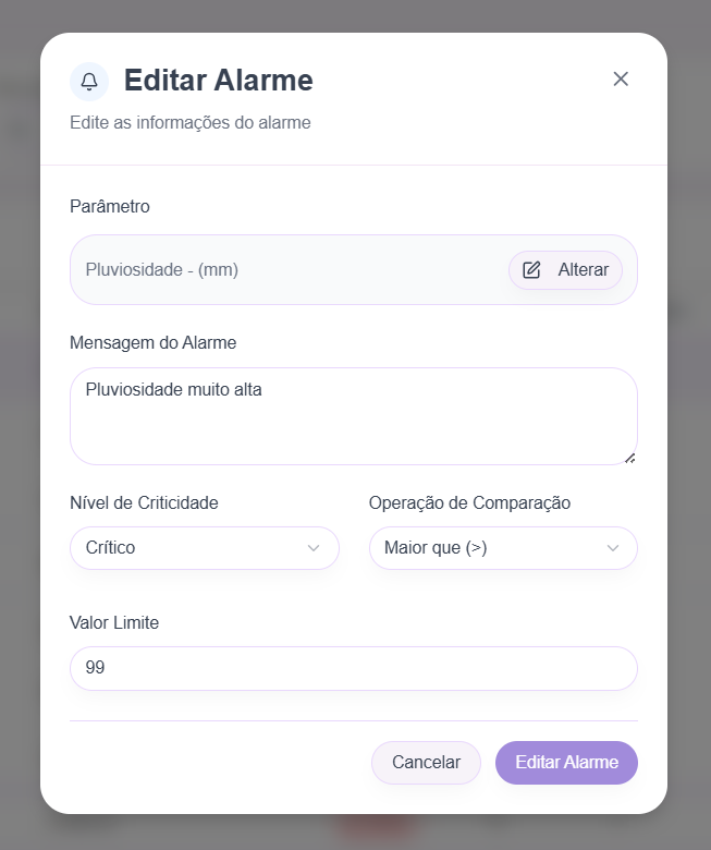 Modal de edição da lógica do alarme