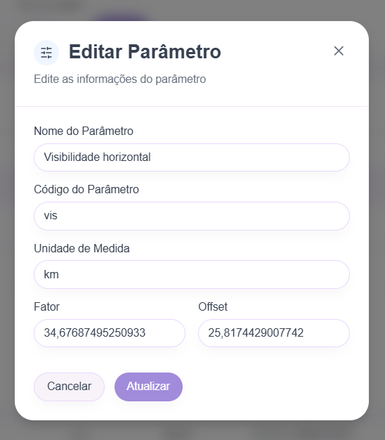 Formulário de edição de parâmetro